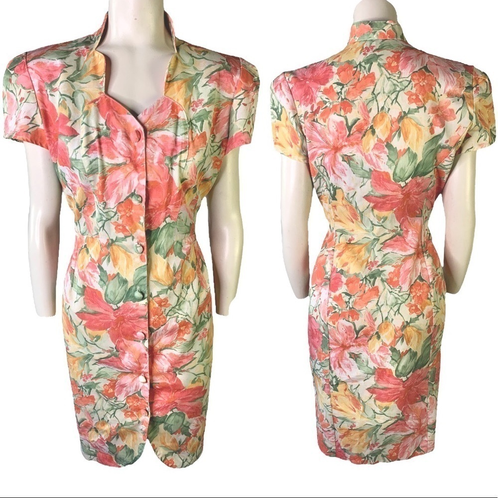 VINTAGE GARDANIA PARIS FLORAL  MULTICOLOUR BUTTON UP DRESS SHORT SLEEVES MEDIUM - Picture 3 of 17